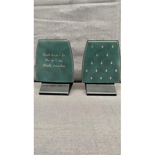 161 - Pair of Vintage Sekisei Japan Green Leatherette Book Ends with Gold Etching
