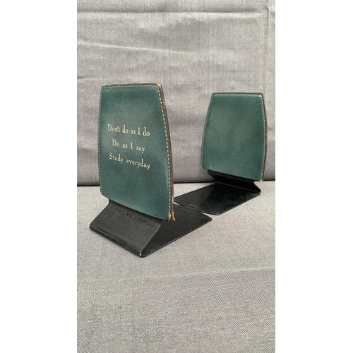 161 - Pair of Vintage Sekisei Japan Green Leatherette Book Ends with Gold Etching