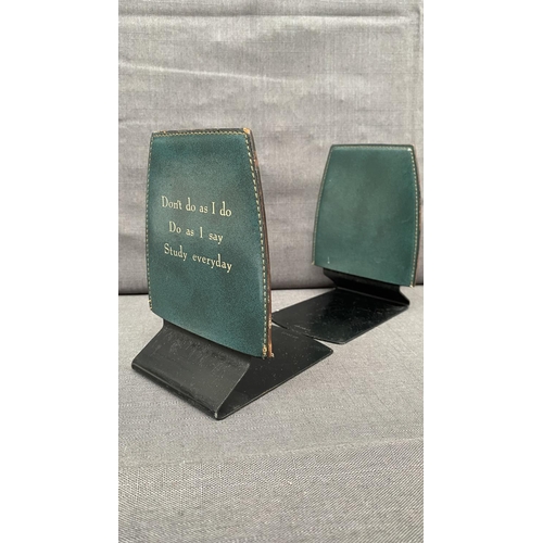 161 - Pair of Vintage Sekisei Japan Green Leatherette Book Ends with Gold Etching