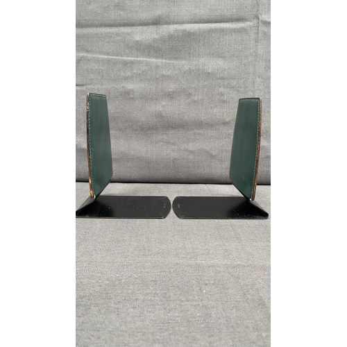 161 - Pair of Vintage Sekisei Japan Green Leatherette Book Ends with Gold Etching