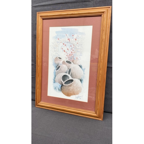 162 - Framed Watercolor Still Life Print of Traditional Clay Pots Titled 'Cyprus Wine Pots' (43 x 59cm)