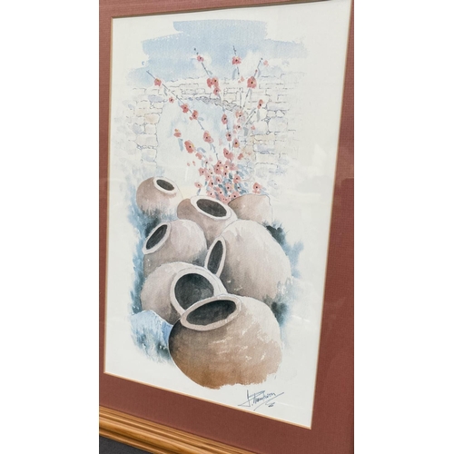 162 - Framed Watercolor Still Life Print of Traditional Clay Pots Titled 'Cyprus Wine Pots' (43 x 59cm)