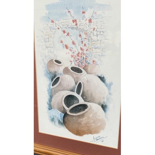 162 - Framed Watercolor Still Life Print of Traditional Clay Pots Titled 'Cyprus Wine Pots' (43 x 59cm)