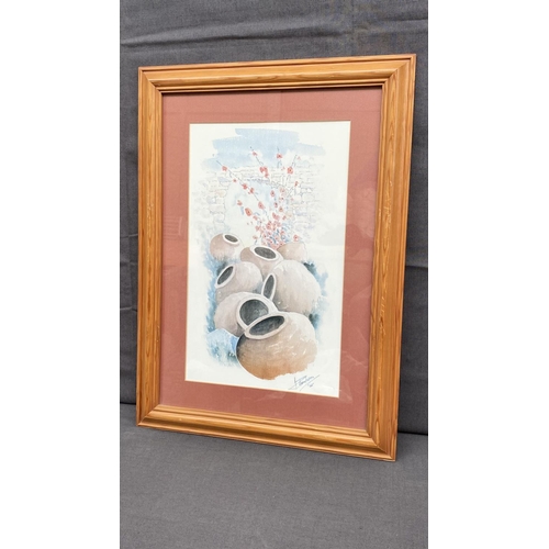 162 - Framed Watercolor Still Life Print of Traditional Clay Pots Titled 'Cyprus Wine Pots' (43 x 59cm)