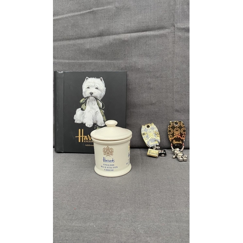 163 - Harrods Collectibles Incl. Jointed Bear, Black Taxi Cub Keyring, Address Book and English Blue Chees... 