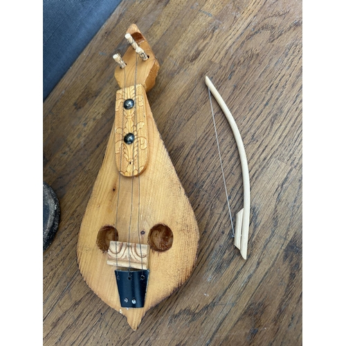 332 - Vintage Carved Wood Miniature Cretan Lyra and Bow Together with Vintage Pottery Drum