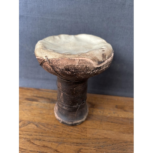 332 - Vintage Carved Wood Miniature Cretan Lyra and Bow Together with Vintage Pottery Drum