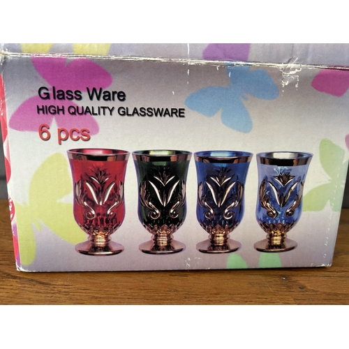 333 - Set of 6 Colored Pedestal Glasses (In Box, Unused)