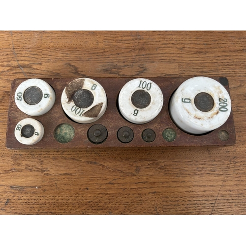 336 - Rare Antique Porcelain and Metal Scale Weight Set