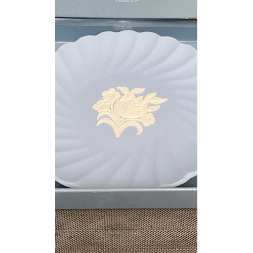 143 - x2 Wedgwood Blue Jasperware Spade Dish/Heart Ring Dish Together with Blue Fluted Candy Tray (Unused,... 