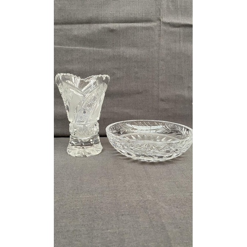 145 - A Vintage Bohemian Hand Cut Small Crystal Vase (15cm H.) with Frosted Leaf Pattern and Geometric Mot... 
