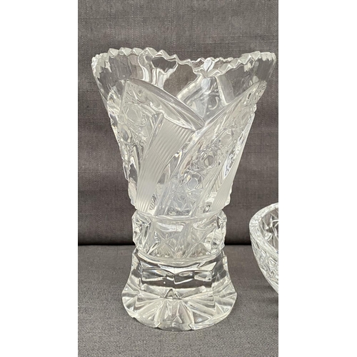 145 - A Vintage Bohemian Hand Cut Small Crystal Vase (15cm H.) with Frosted Leaf Pattern and Geometric Mot... 