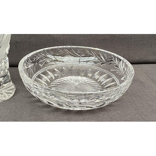 145 - A Vintage Bohemian Hand Cut Small Crystal Vase (15cm H.) with Frosted Leaf Pattern and Geometric Mot... 