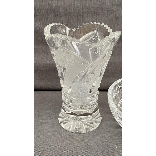 145 - A Vintage Bohemian Hand Cut Small Crystal Vase (15cm H.) with Frosted Leaf Pattern and Geometric Mot... 