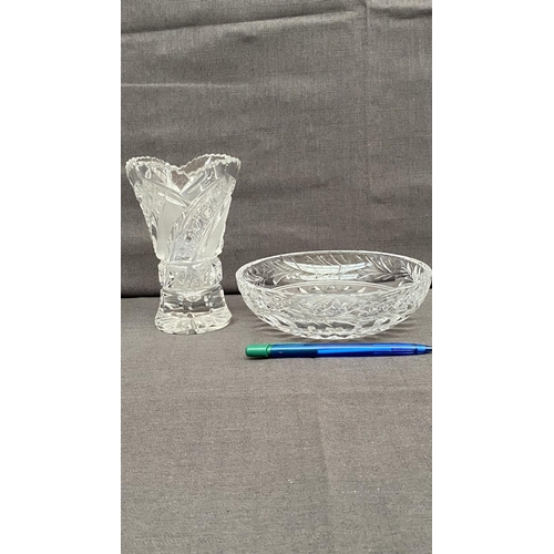 145 - A Vintage Bohemian Hand Cut Small Crystal Vase (15cm H.) with Frosted Leaf Pattern and Geometric Mot... 