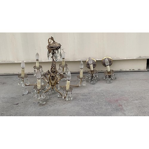 147 - Vintage French Style Solid Brass 6-Arm Gilt Chandelier with Crystals Together with 2 Crystal Wall Sc... 