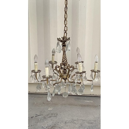 147 - Vintage French Style Solid Brass 6-Arm Gilt Chandelier with Crystals Together with 2 Crystal Wall Sc... 