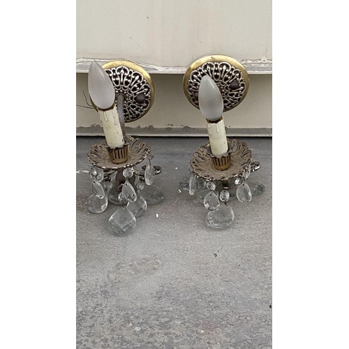 147 - Vintage French Style Solid Brass 6-Arm Gilt Chandelier with Crystals Together with 2 Crystal Wall Sc... 