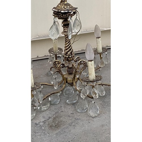 147 - Vintage French Style Solid Brass 6-Arm Gilt Chandelier with Crystals Together with 2 Crystal Wall Sc... 