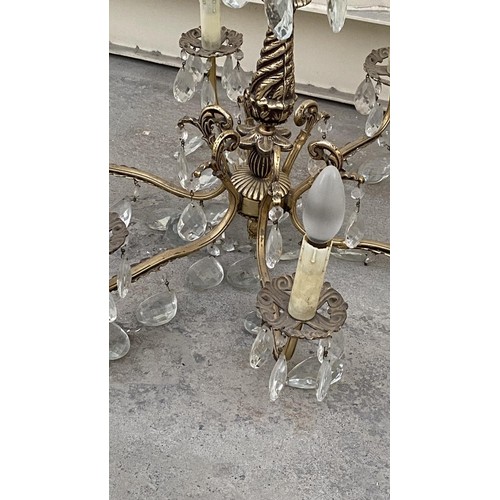 147 - Vintage French Style Solid Brass 6-Arm Gilt Chandelier with Crystals Together with 2 Crystal Wall Sc... 