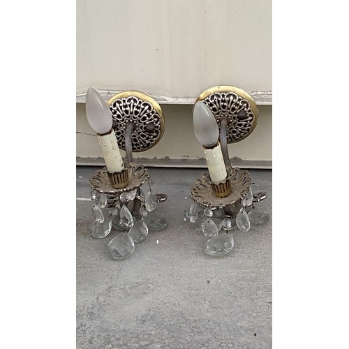 147 - Vintage French Style Solid Brass 6-Arm Gilt Chandelier with Crystals Together with 2 Crystal Wall Sc... 