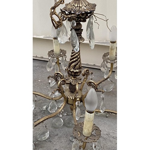 147 - Vintage French Style Solid Brass 6-Arm Gilt Chandelier with Crystals Together with 2 Crystal Wall Sc... 