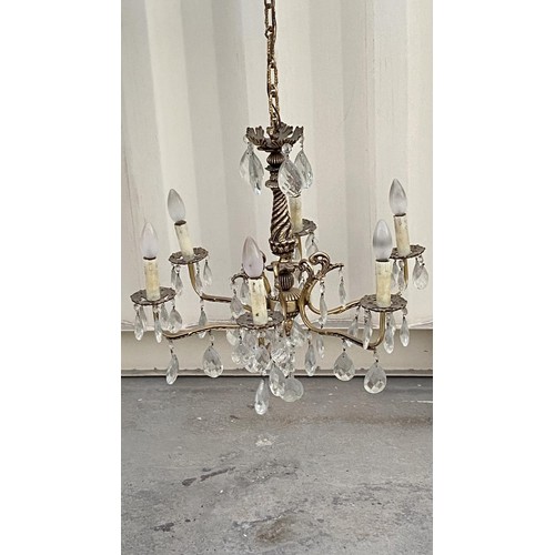 148 - Vintage French Style Solid Brass 6-Arm Gilt Chandelier with Crystals