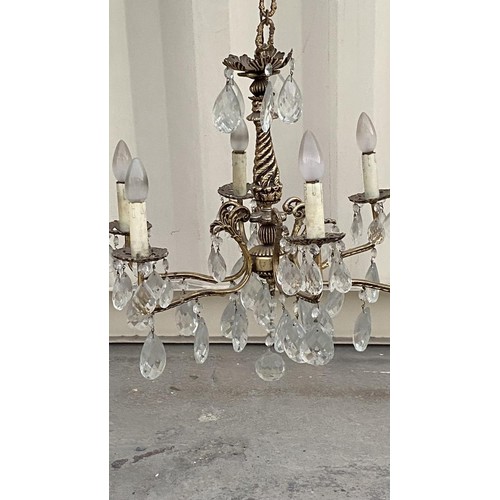 148 - Vintage French Style Solid Brass 6-Arm Gilt Chandelier with Crystals