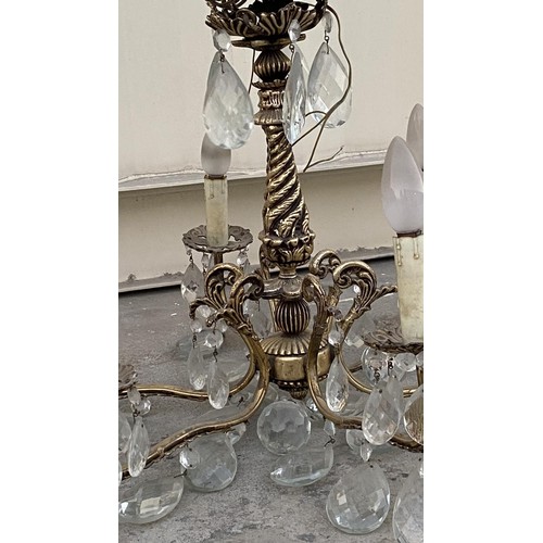 148 - Vintage French Style Solid Brass 6-Arm Gilt Chandelier with Crystals