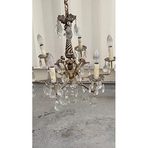 148 - Vintage French Style Solid Brass 6-Arm Gilt Chandelier with Crystals