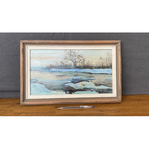 246 - Oil Painting on Cardboard Depicting Winter Landscape Scene Signed by Russian Artist 'Rudolf Klimov' ... 