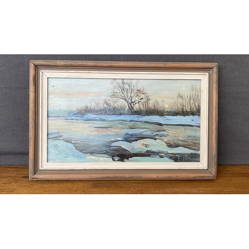 246 - Oil Painting on Cardboard Depicting Winter Landscape Scene Signed by Russian Artist 'Rudolf Klimov' ... 