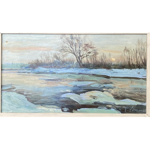 246 - Oil Painting on Cardboard Depicting Winter Landscape Scene Signed by Russian Artist 'Rudolf Klimov' ... 