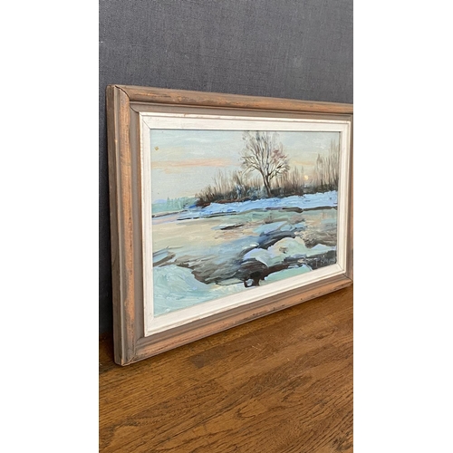 246 - Oil Painting on Cardboard Depicting Winter Landscape Scene Signed by Russian Artist 'Rudolf Klimov' ... 