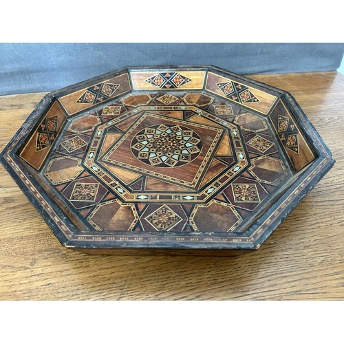 301 - Vintage Wooden Inlaid Octagonal Serving Tray (38cm Diameter)