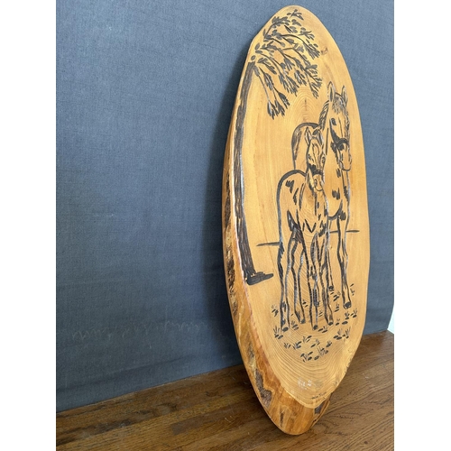 303 - Large Handmade Wood-Burned Wall Plaque Artwork Signed 'Heather Trippas' (68cm L.)