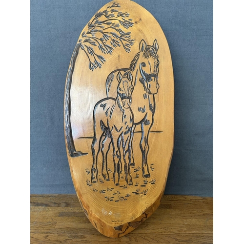 303 - Large Handmade Wood-Burned Wall Plaque Artwork Signed 'Heather Trippas' (68cm L.)