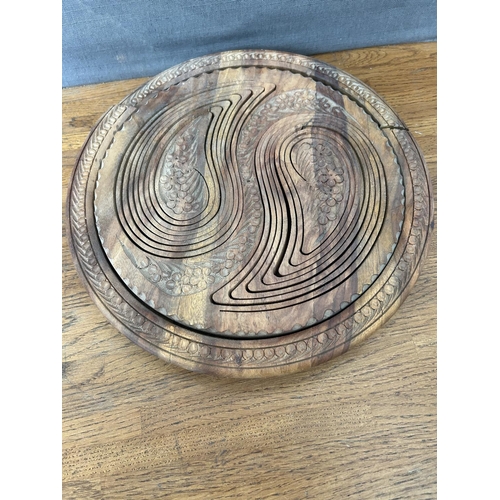 304 - Hand- Carved Folding Collapsible Wooden Basket Bowl with 2 Compartments and a Handle