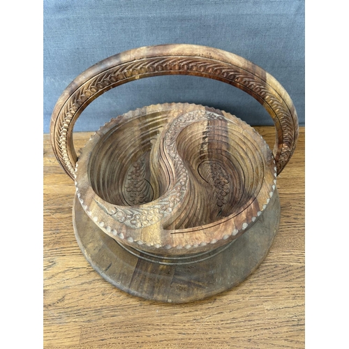 304 - Hand- Carved Folding Collapsible Wooden Basket Bowl with 2 Compartments and a Handle
