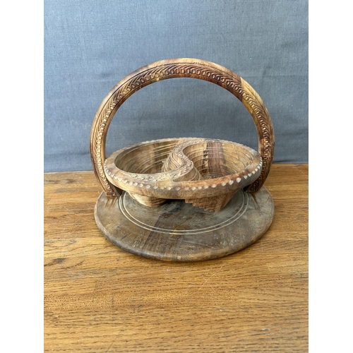 304 - Hand- Carved Folding Collapsible Wooden Basket Bowl with 2 Compartments and a Handle