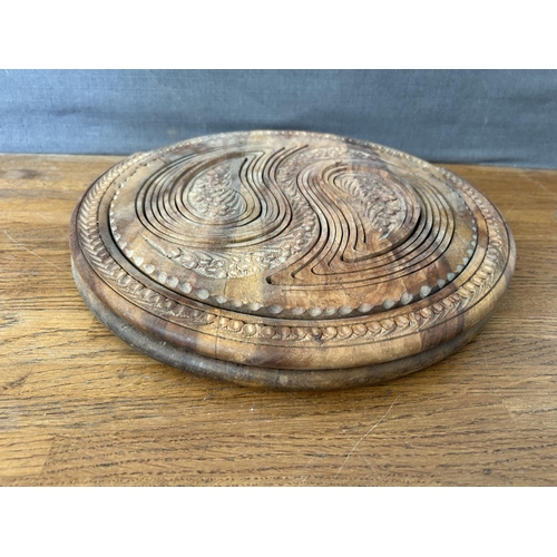 304 - Hand- Carved Folding Collapsible Wooden Basket Bowl with 2 Compartments and a Handle