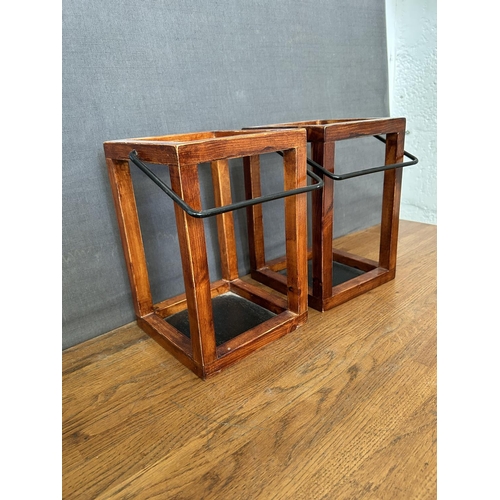 308 - x2 Vintage Rustic Wooden Lanterns with a Metal Handle/ Candle Holders