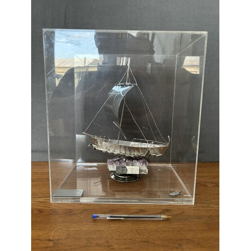 315 - Large Silver 'Ship of Kyrenia' Model on Amethyst Stone in Display Case (30 W. x 21 D. x 34cm H.)