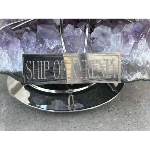 315 - Large Silver 'Ship of Kyrenia' Model on Amethyst Stone in Display Case (30 W. x 21 D. x 34cm H.)