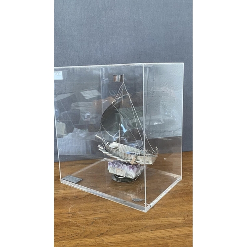 315 - Large Silver 'Ship of Kyrenia' Model on Amethyst Stone in Display Case (30 W. x 21 D. x 34cm H.)