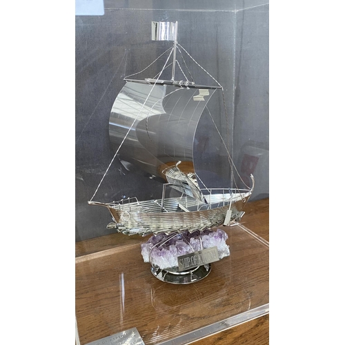 315 - Large Silver 'Ship of Kyrenia' Model on Amethyst Stone in Display Case (30 W. x 21 D. x 34cm H.)