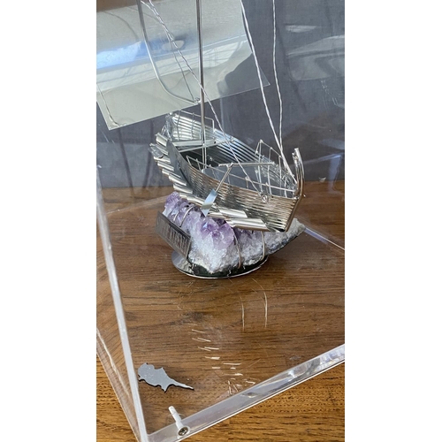 315 - Large Silver 'Ship of Kyrenia' Model on Amethyst Stone in Display Case (30 W. x 21 D. x 34cm H.)
