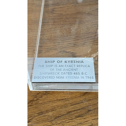 315 - Large Silver 'Ship of Kyrenia' Model on Amethyst Stone in Display Case (30 W. x 21 D. x 34cm H.)