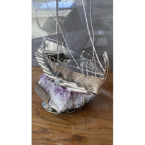 315 - Large Silver 'Ship of Kyrenia' Model on Amethyst Stone in Display Case (30 W. x 21 D. x 34cm H.)