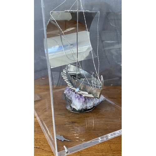 315 - Large Silver 'Ship of Kyrenia' Model on Amethyst Stone in Display Case (30 W. x 21 D. x 34cm H.)